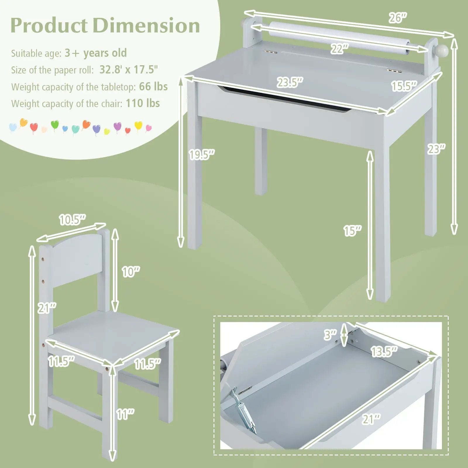 Wooden Kids Table and Chair Set with Storage and Paper Roll Holder by DirectDeals