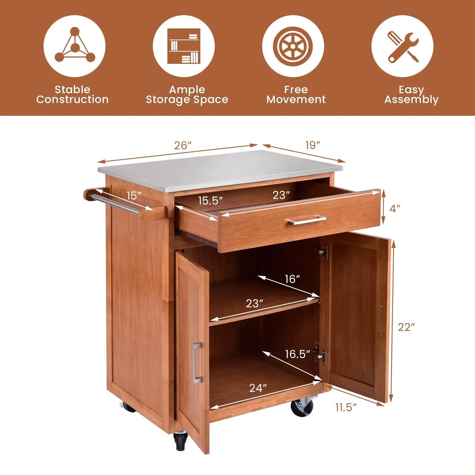 Wooden Kitchen Rolling Storage Cabinet with Stainless Steel Top by DirectDeals