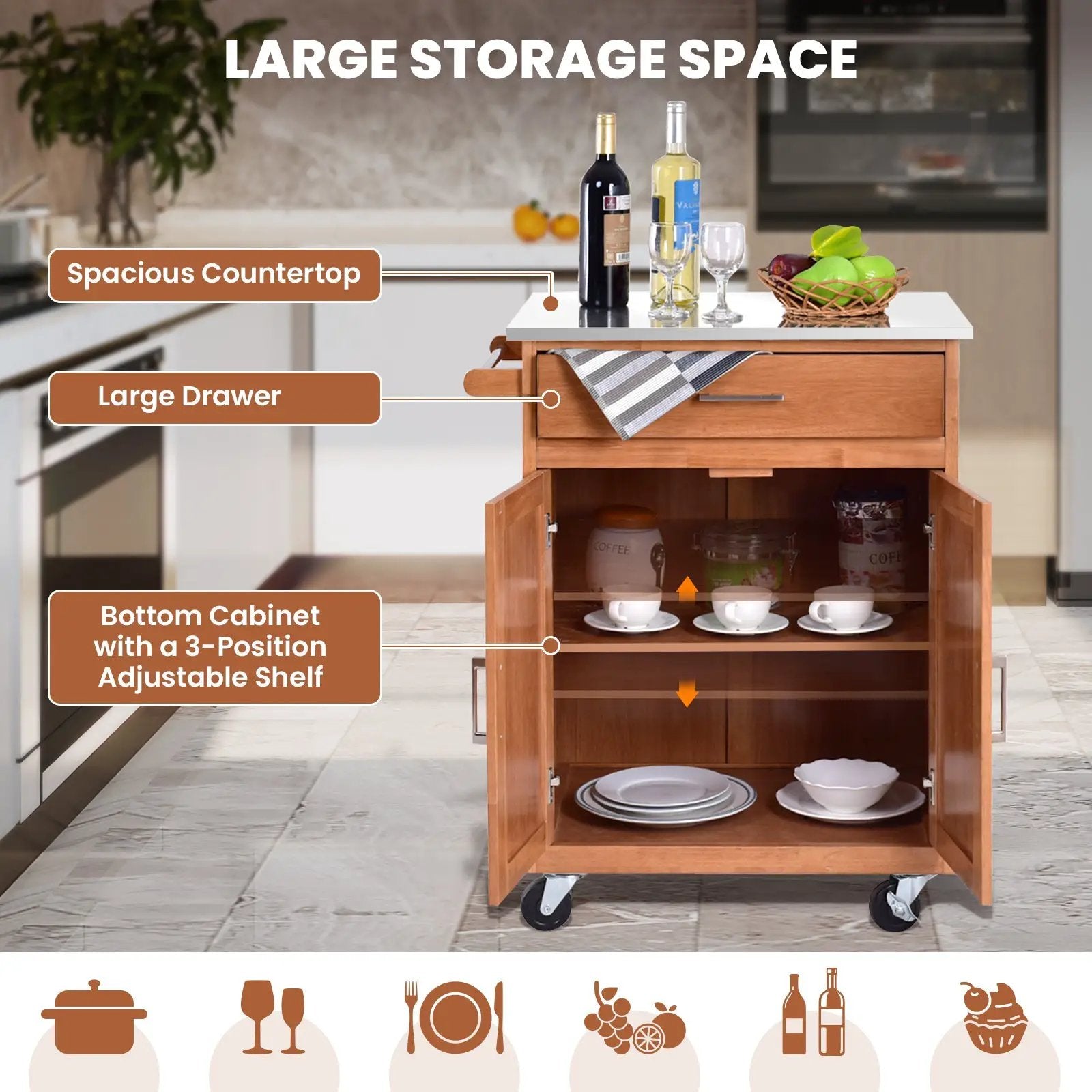 Wooden Kitchen Rolling Storage Cabinet with Stainless Steel Top by DirectDeals