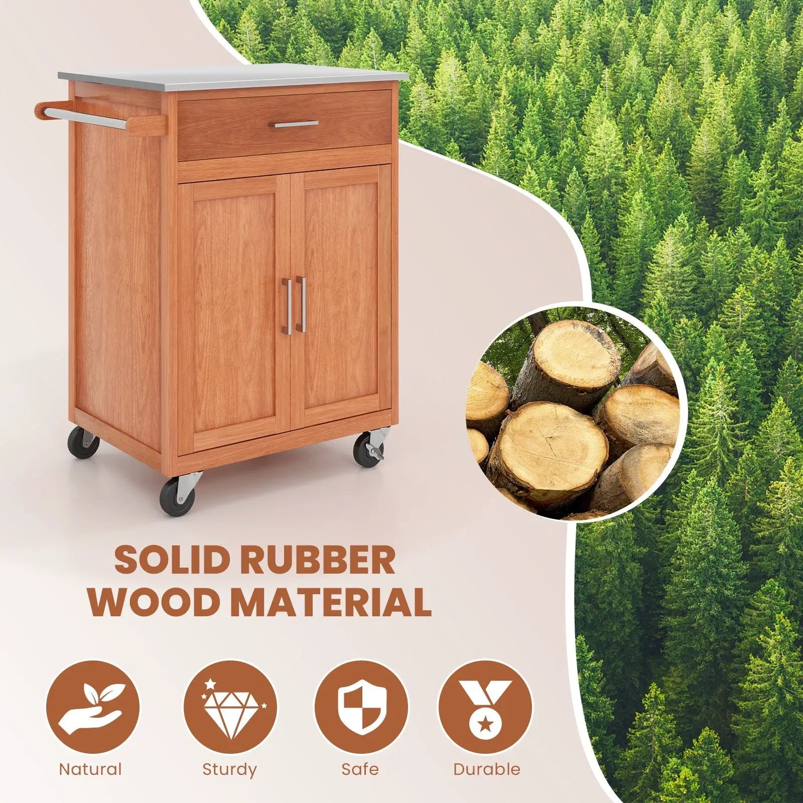 Wooden Kitchen Rolling Storage Cabinet with Stainless Steel Top by DirectDeals