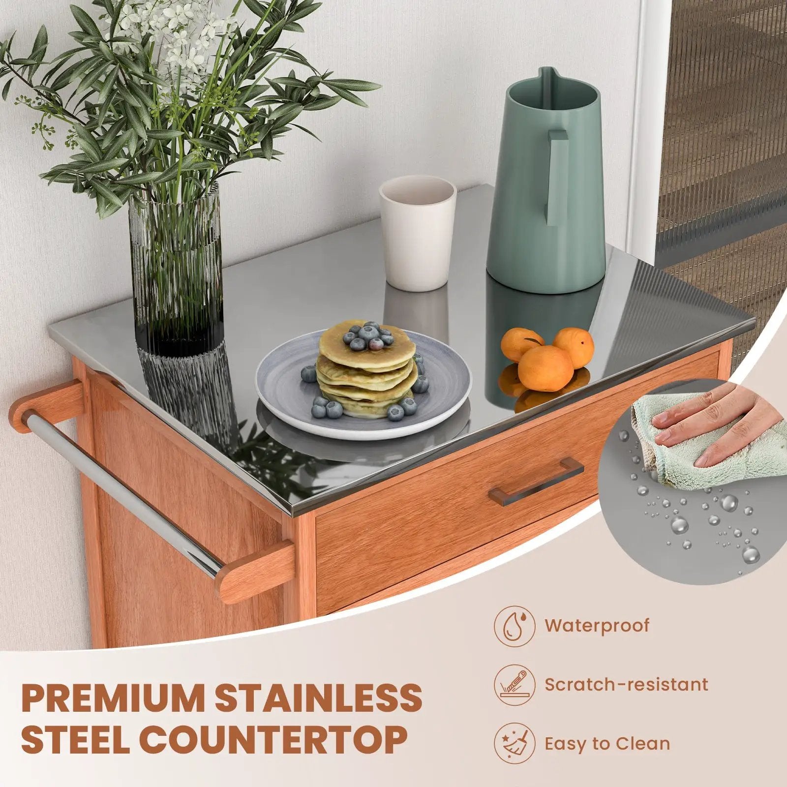 Wooden Kitchen Rolling Storage Cabinet with Stainless Steel Top by DirectDeals