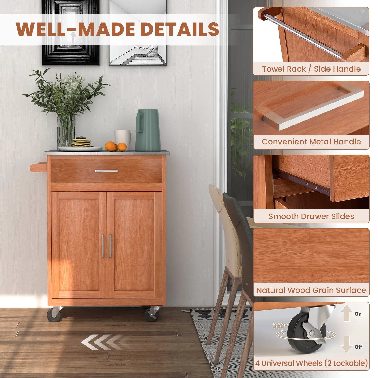 Wooden Kitchen Rolling Storage Cabinet with Stainless Steel Top by DirectDeals