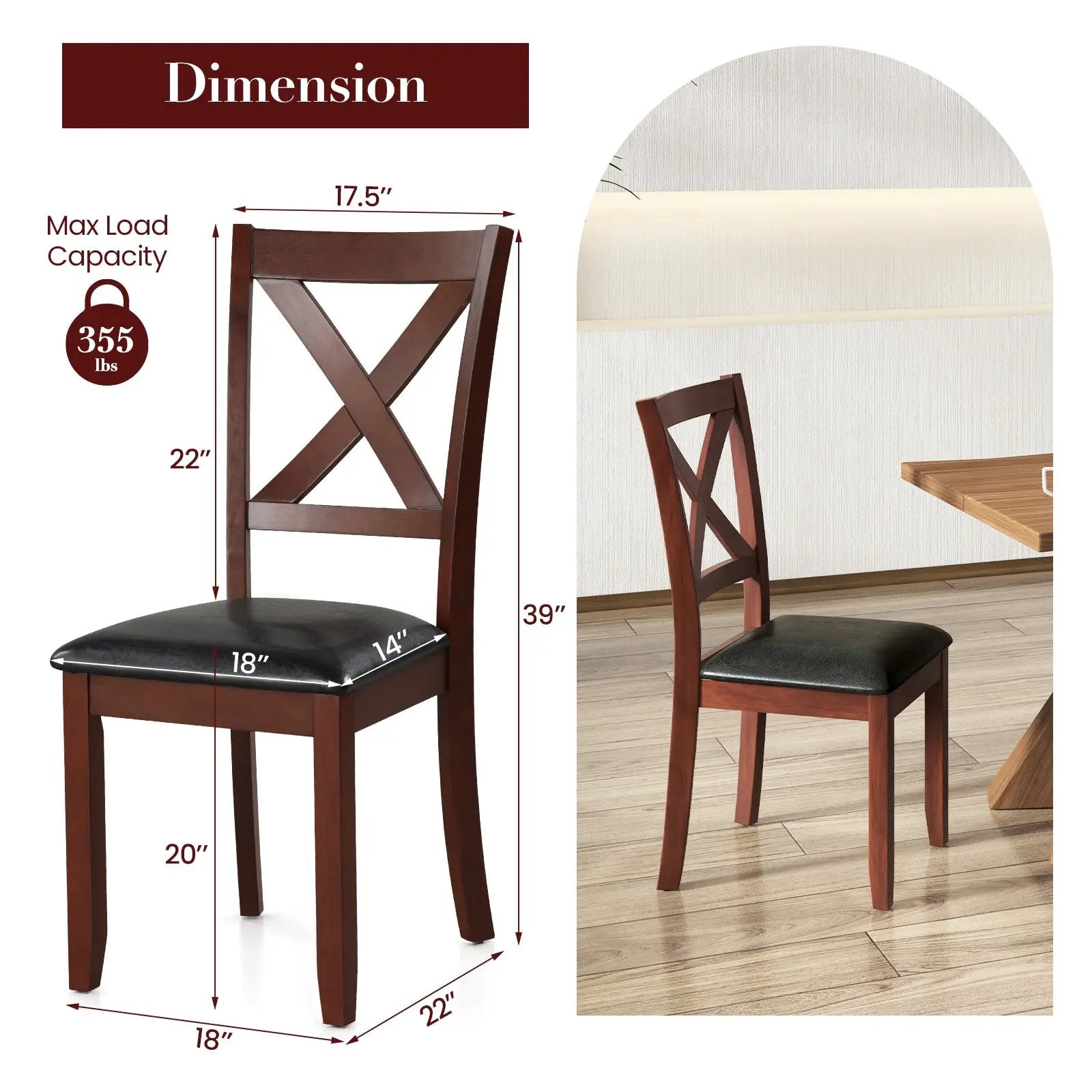 Set of 2 Wooden Kitchen Dining Chair with Padded Seat and Rubber Wood Legs-Black by DirectDeals