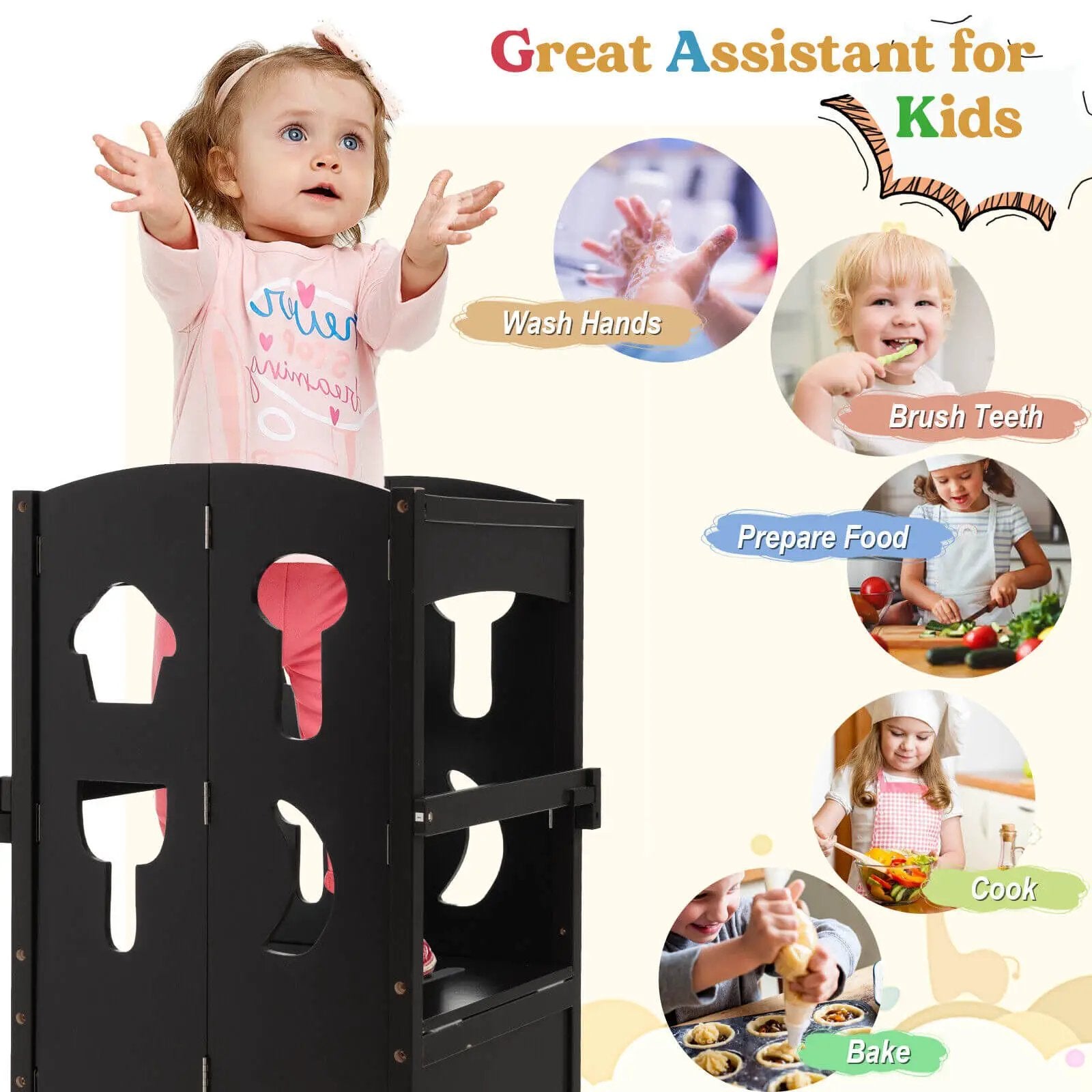 Folding Wooden Step Stool with Lockable Safety Rail for Toddler 3+ by DirectDeals