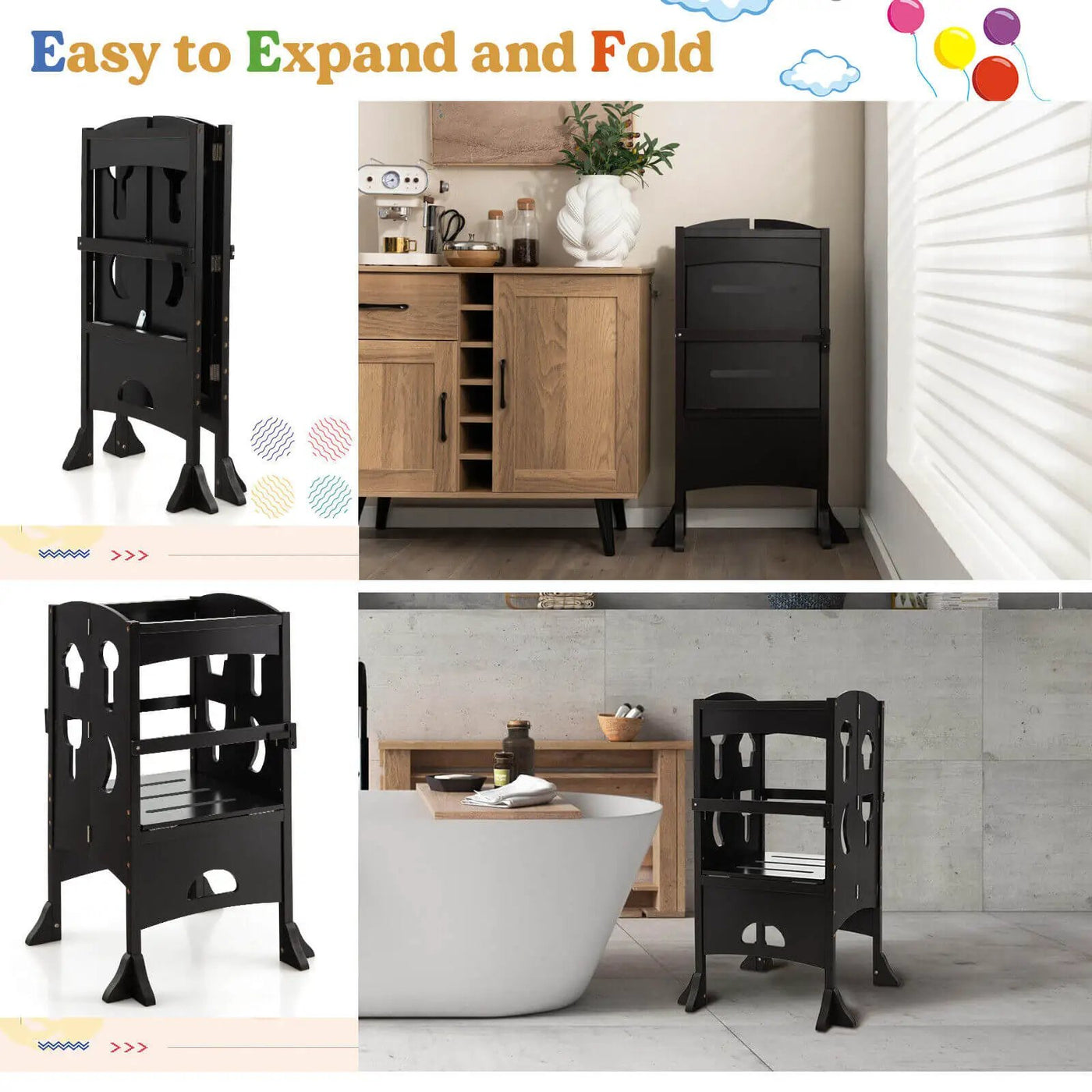 Folding Wooden Step Stool with Lockable Safety Rail for Toddler 3+ by DirectDeals