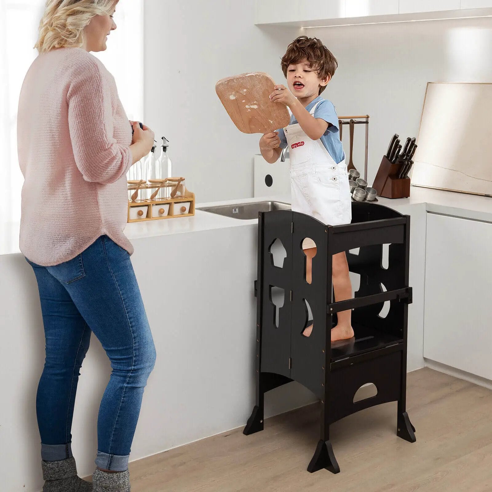 Folding Wooden Step Stool with Lockable Safety Rail for Toddler 3+ by DirectDeals