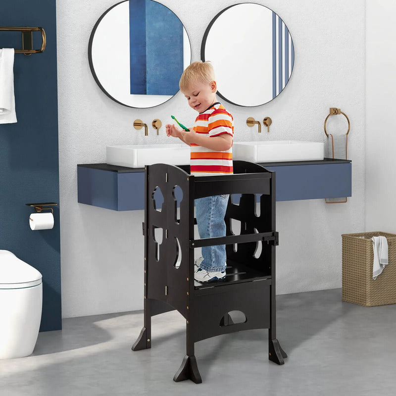 Folding Wooden Step Stool with Lockable Safety Rail for Toddler 3+ by DirectDeals