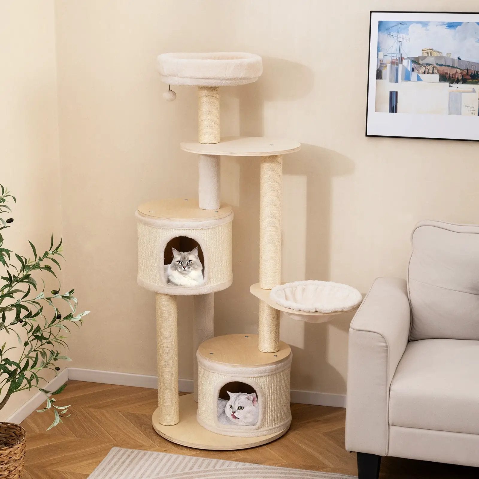 Wooden Kitten Tower with Sisal Scratching Posts and 2 Condos-Natural by DirectDeals