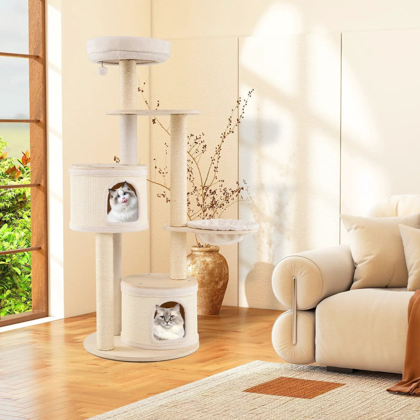 Wooden Kitten Tower with Sisal Scratching Posts and 2 Condos-Natural by DirectDeals