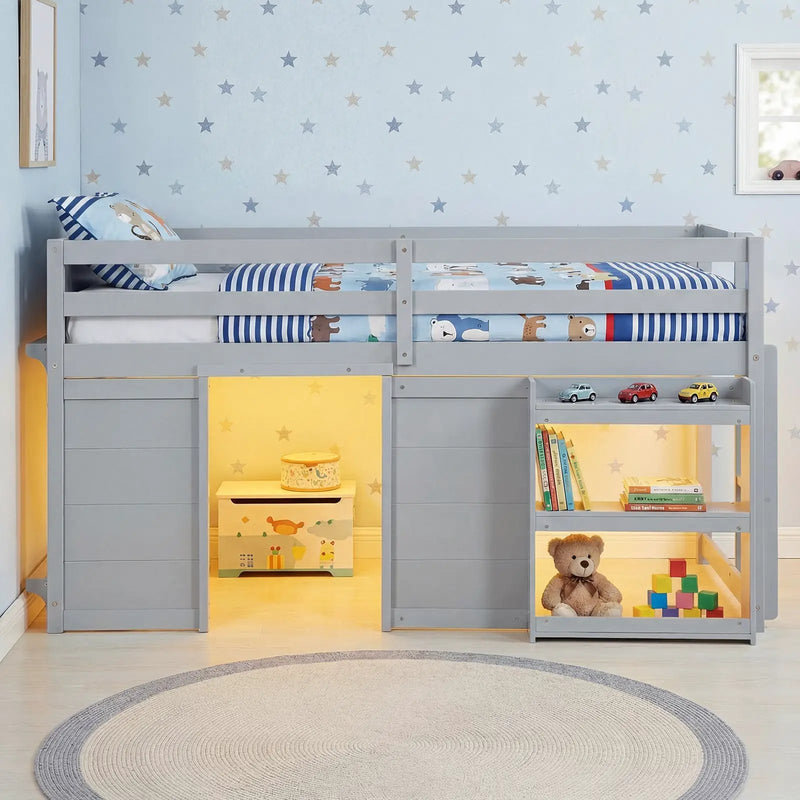 Wooden Low Kids Loft Bed with LED Lights and 2 Doors by DirectDeals