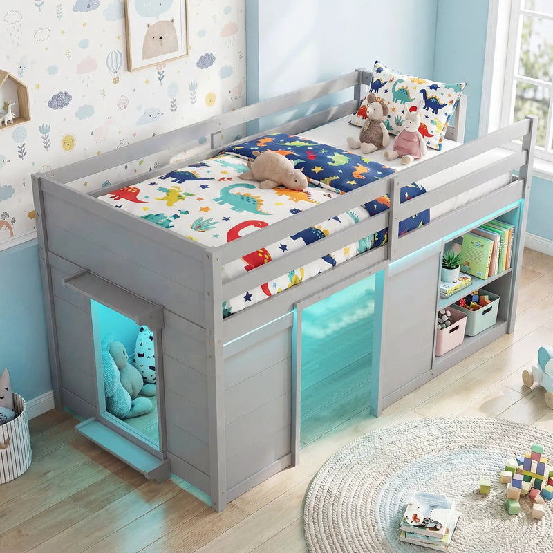 Wooden Low Kids Loft Bed with LED Lights and 2 Doors by DirectDeals