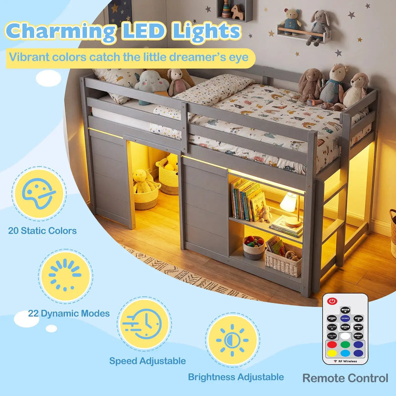 Wooden Low Kids Loft Bed with LED Lights and 2 Doors by DirectDeals