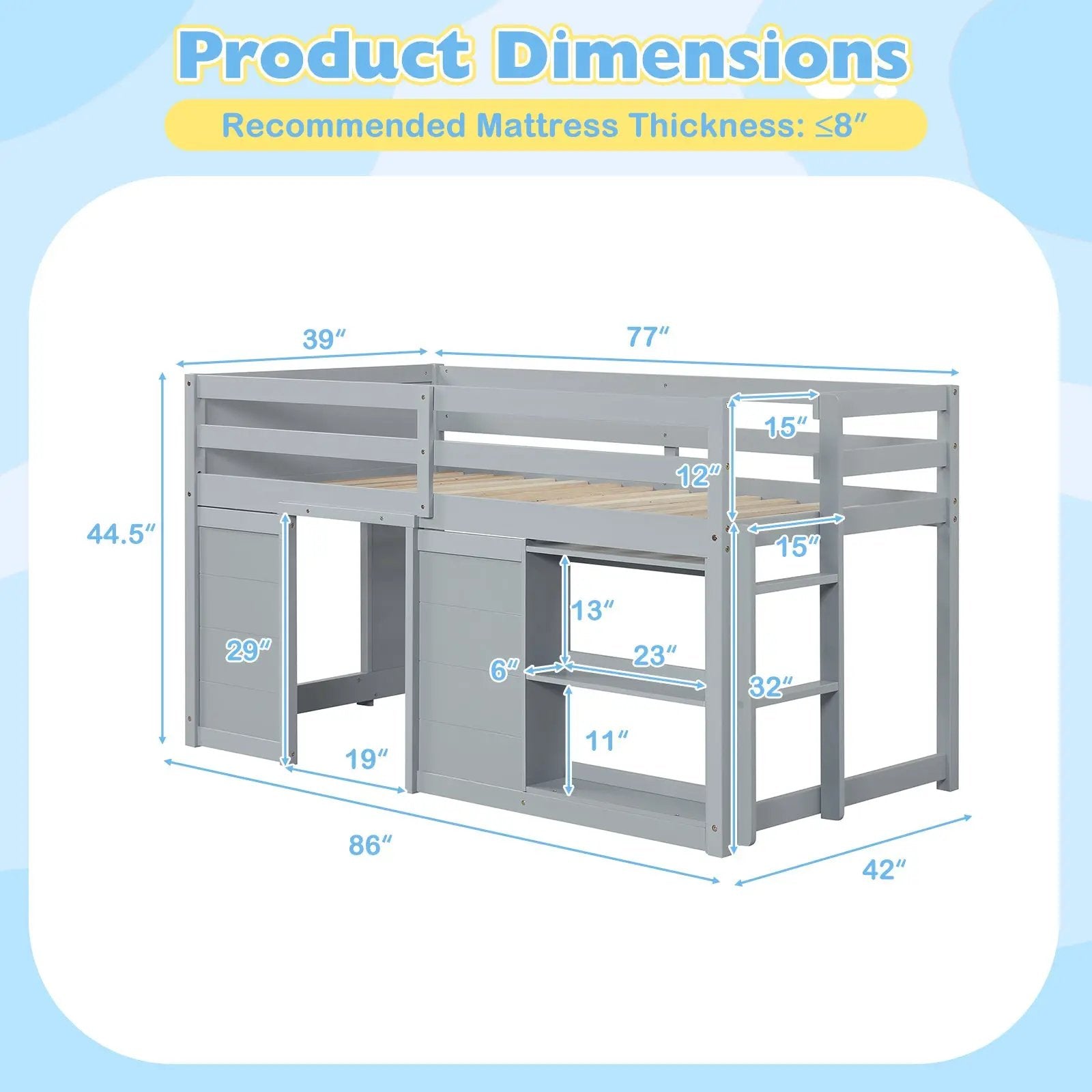 Wooden Low Kids Loft Bed with LED Lights and 2 Doors by DirectDeals