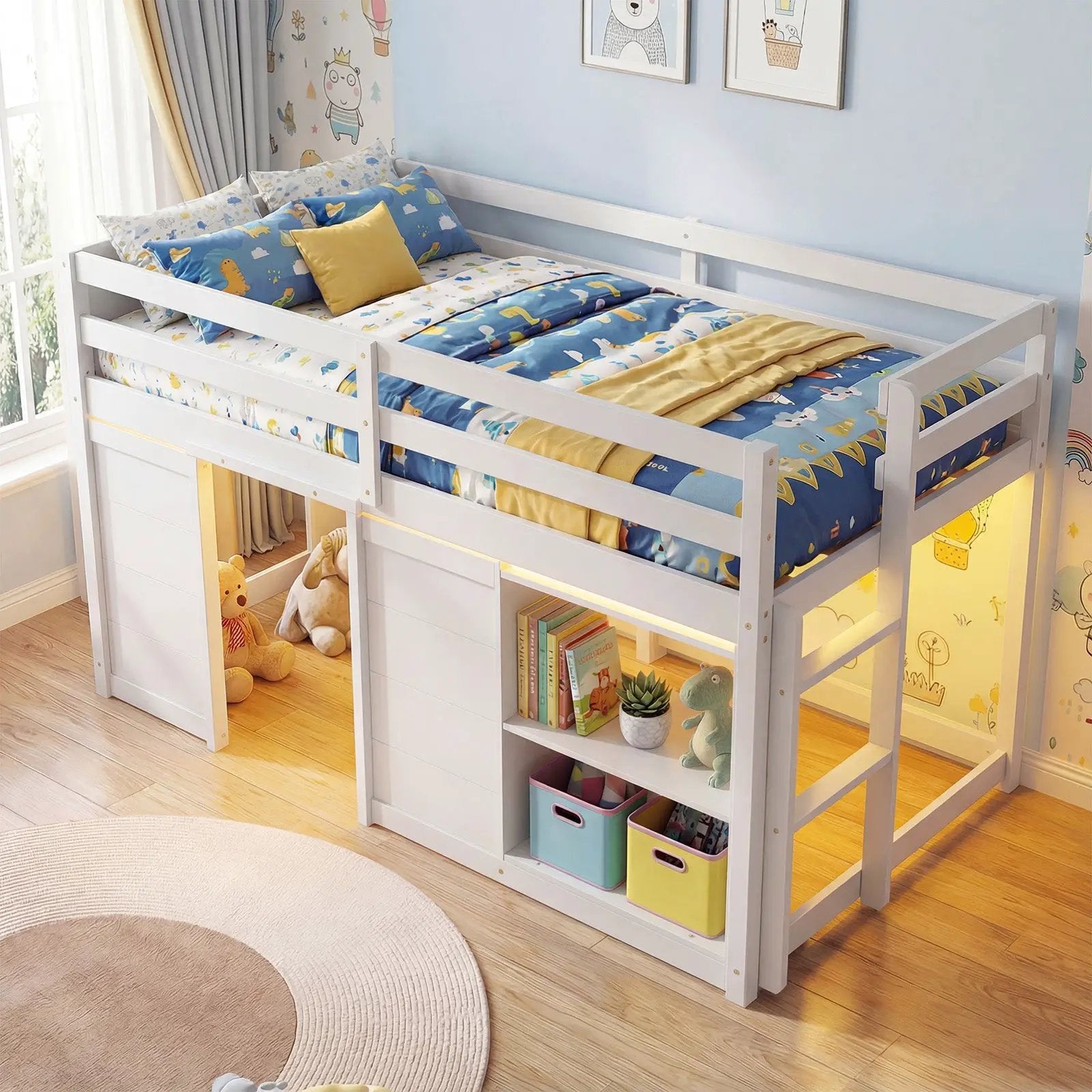 Wooden Low Kids Loft Bed with LED Lights and 2 Doors by DirectDeals