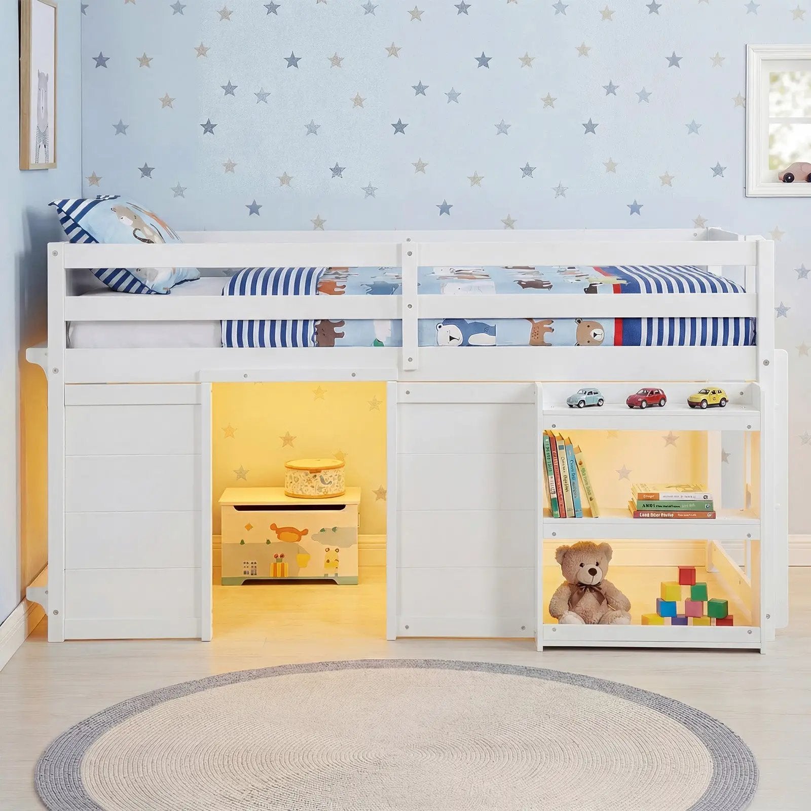 Wooden Low Kids Loft Bed with LED Lights and 2 Doors by DirectDeals