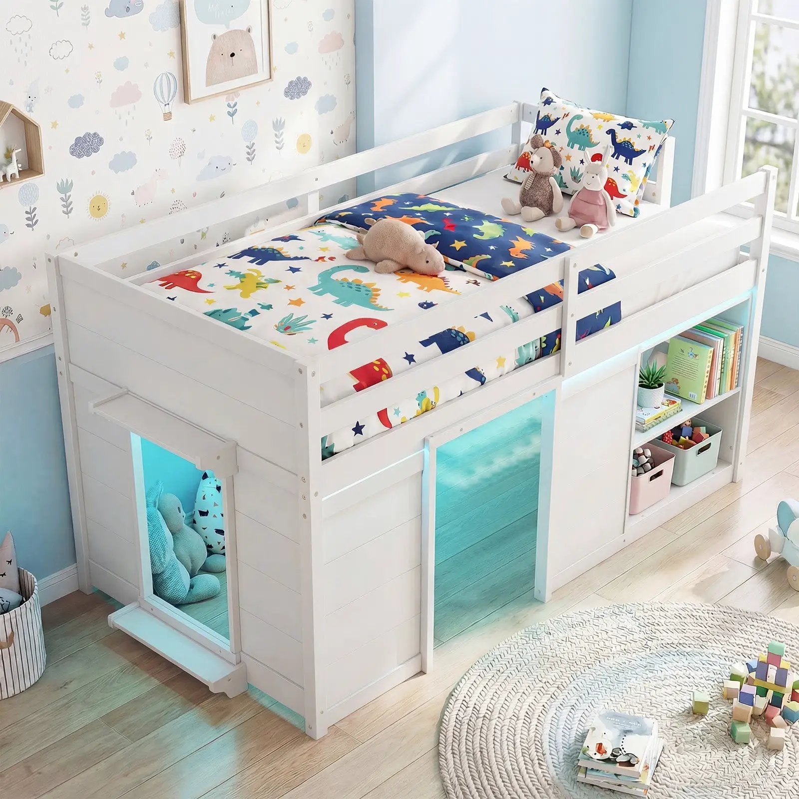 Wooden Low Kids Loft Bed with LED Lights and 2 Doors by DirectDeals