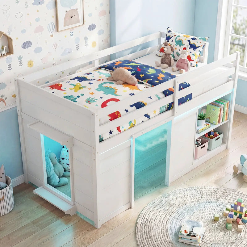 Wooden Low Kids Loft Bed with LED Lights and 2 Doors by DirectDeals