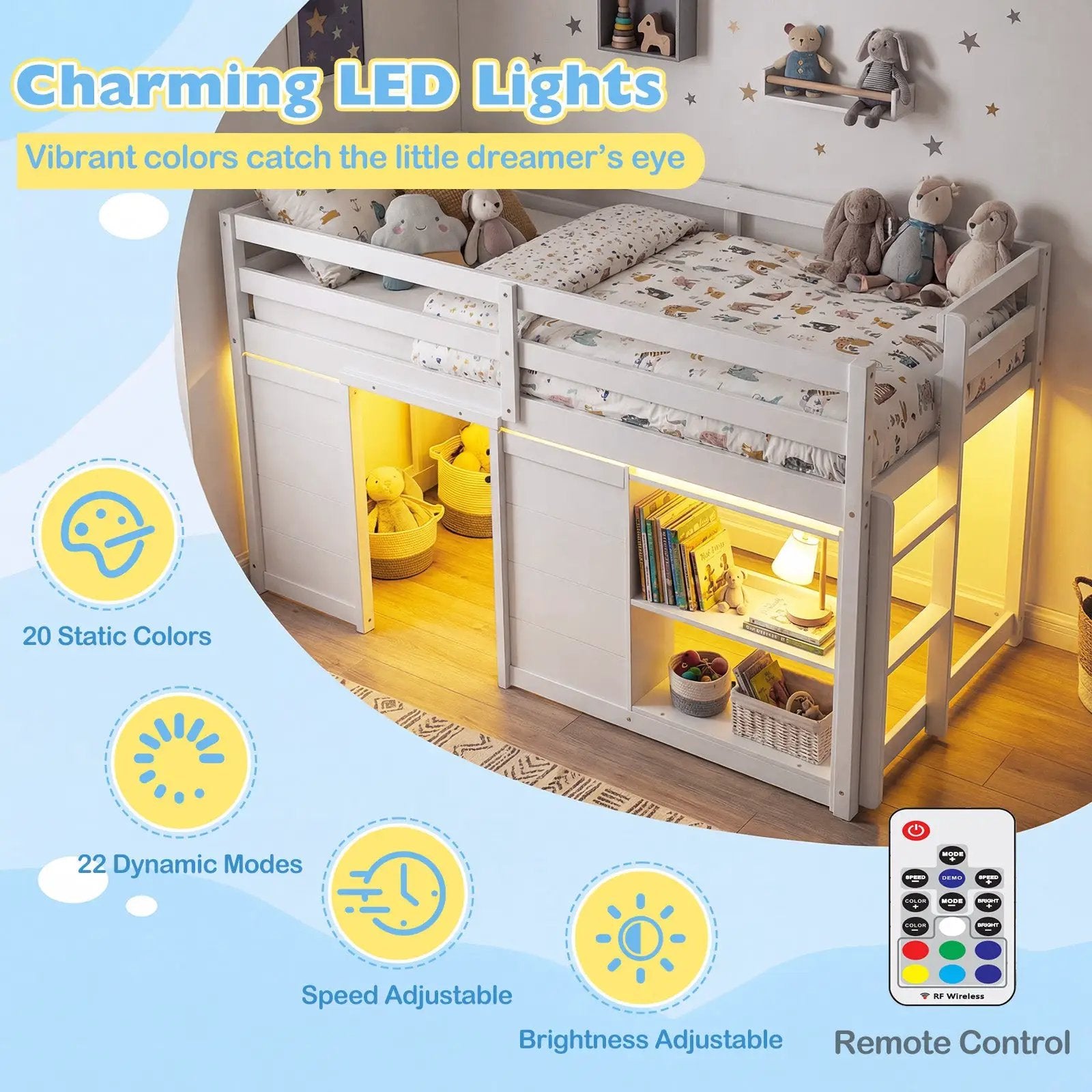 Wooden Low Kids Loft Bed with LED Lights and 2 Doors by DirectDeals