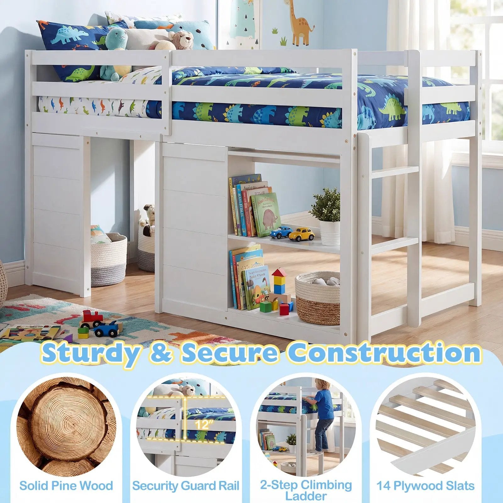 Wooden Low Kids Loft Bed with LED Lights and 2 Doors by DirectDeals