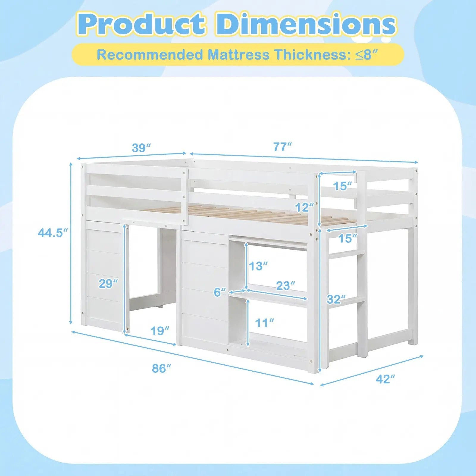 Wooden Low Kids Loft Bed with LED Lights and 2 Doors by DirectDeals