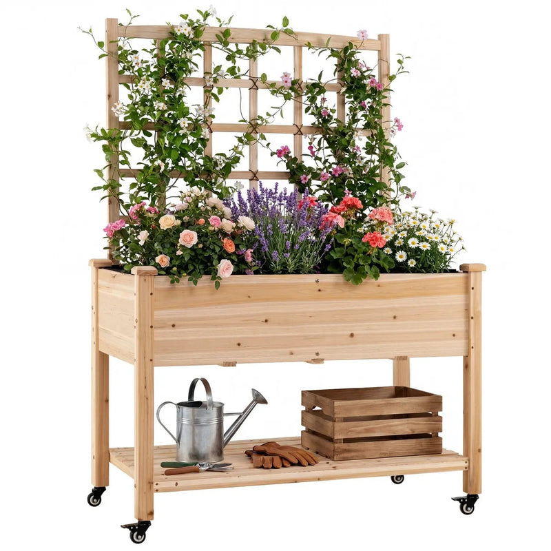 Wooden Mobile Raised Garden Bed on Wheels with Trellis by DirectDeals