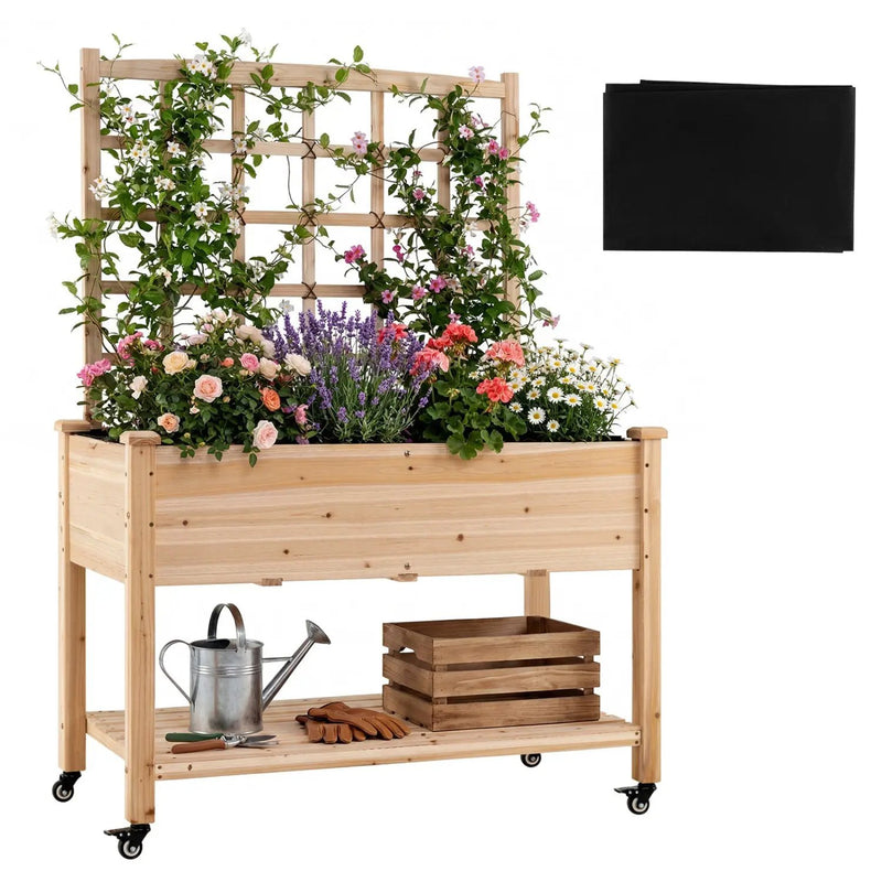 Wooden Mobile Raised Garden Bed on Wheels with Trellis by DirectDeals