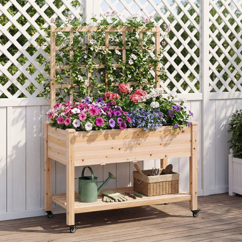 Wooden Mobile Raised Garden Bed on Wheels with Trellis by DirectDeals