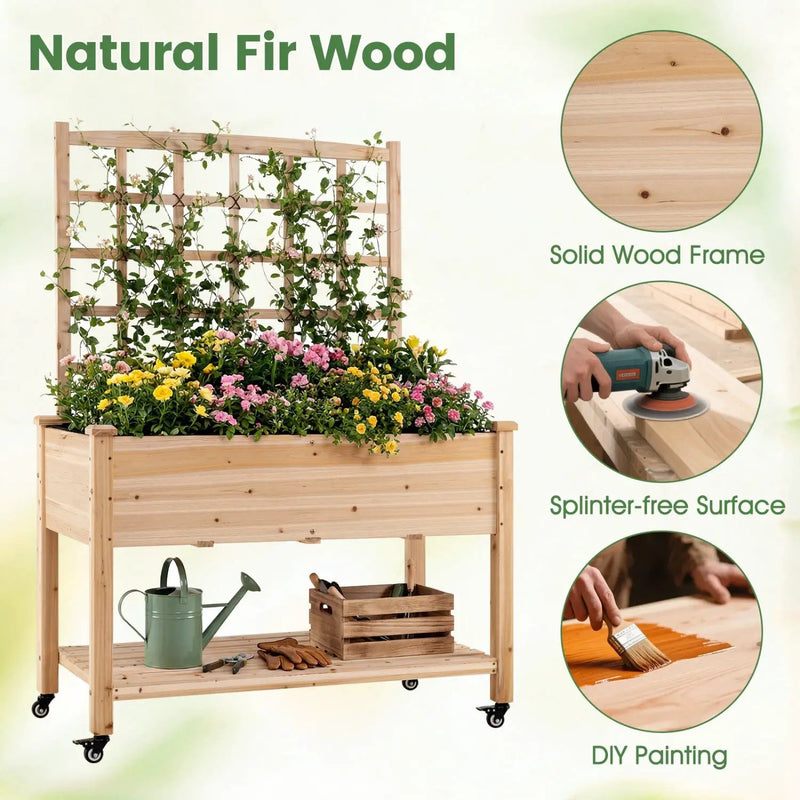 Wooden Mobile Raised Garden Bed on Wheels with Trellis by DirectDeals