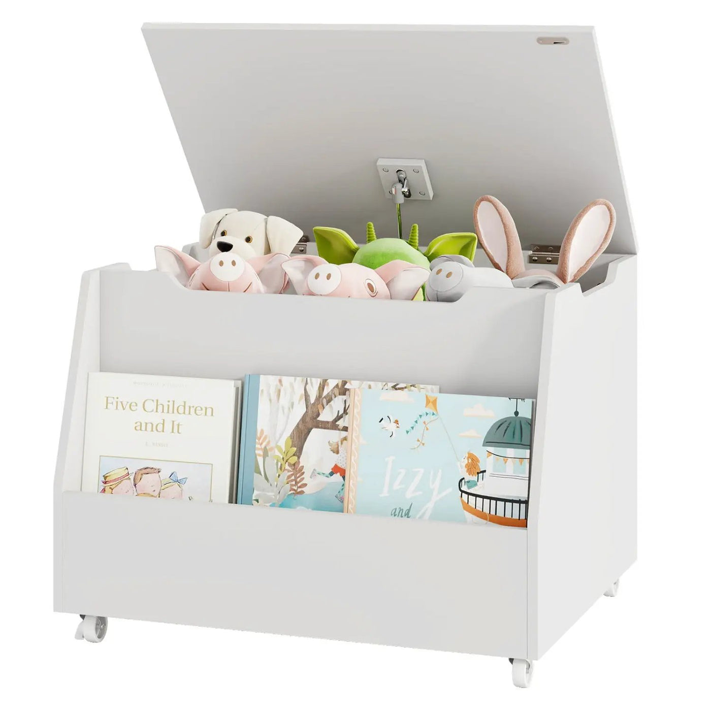 Wooden Mobile Toy Storage Organizer with Bookshelf and Lockable Wheels by DirectDeals