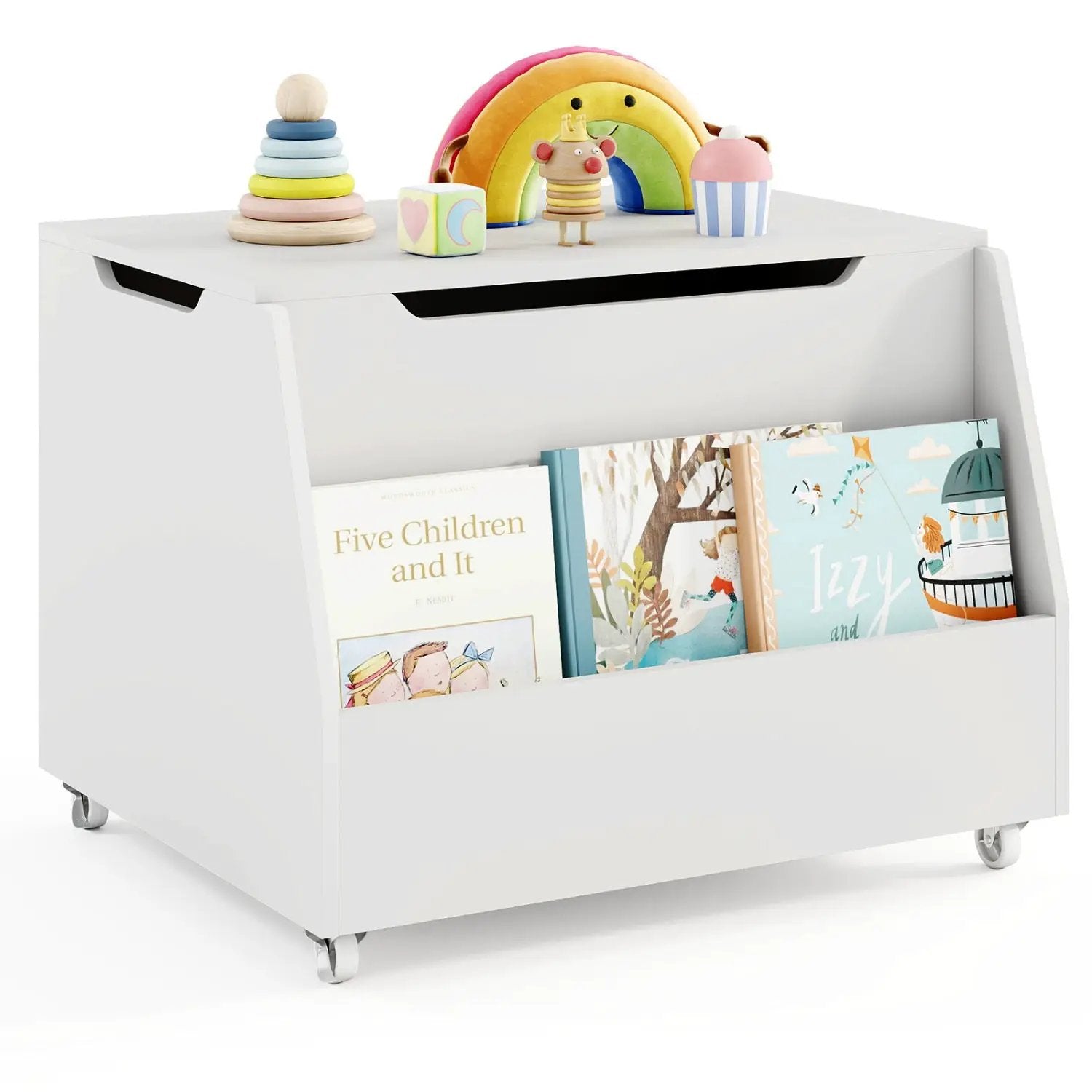 Wooden Mobile Toy Storage Organizer with Bookshelf and Lockable Wheels by DirectDeals