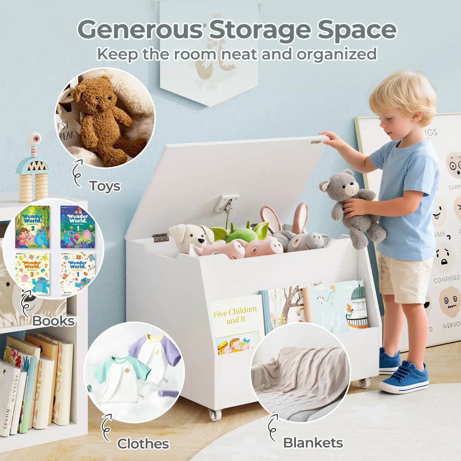 Wooden Mobile Toy Storage Organizer with Bookshelf and Lockable Wheels by DirectDeals
