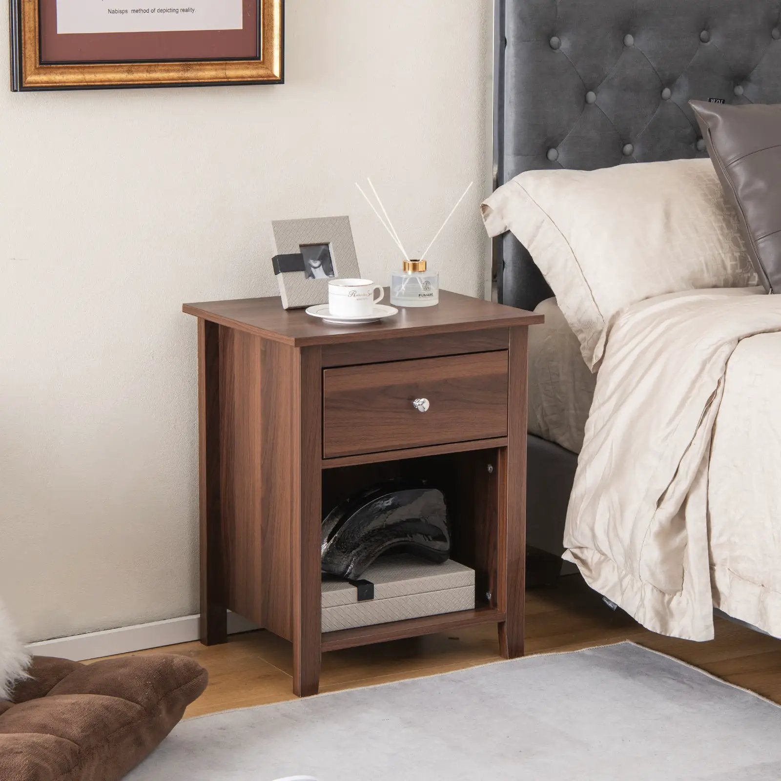 Wooden Nightstand with Slide-out Drawer and Open Shelf by DirectDeals