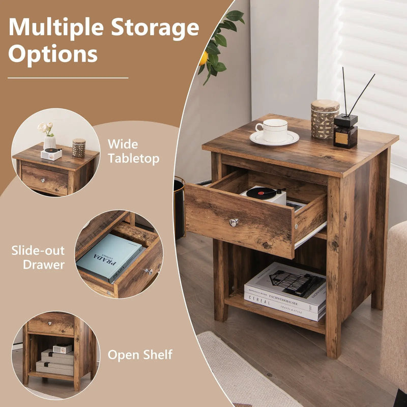 Wooden Nightstand with Slide-out Drawer and Open Shelf by DirectDeals