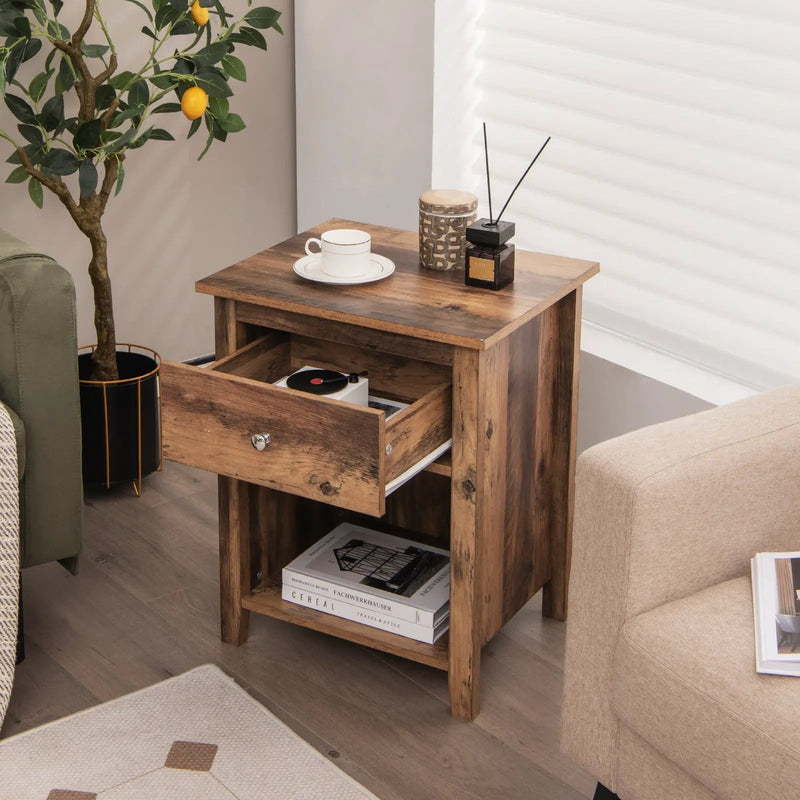 Wooden Nightstand with Slide-out Drawer and Open Shelf by DirectDeals