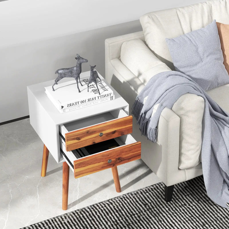 Wooden Nightstand Mid-Century End Side Table with 2 Storage Drawers by DirectDeals