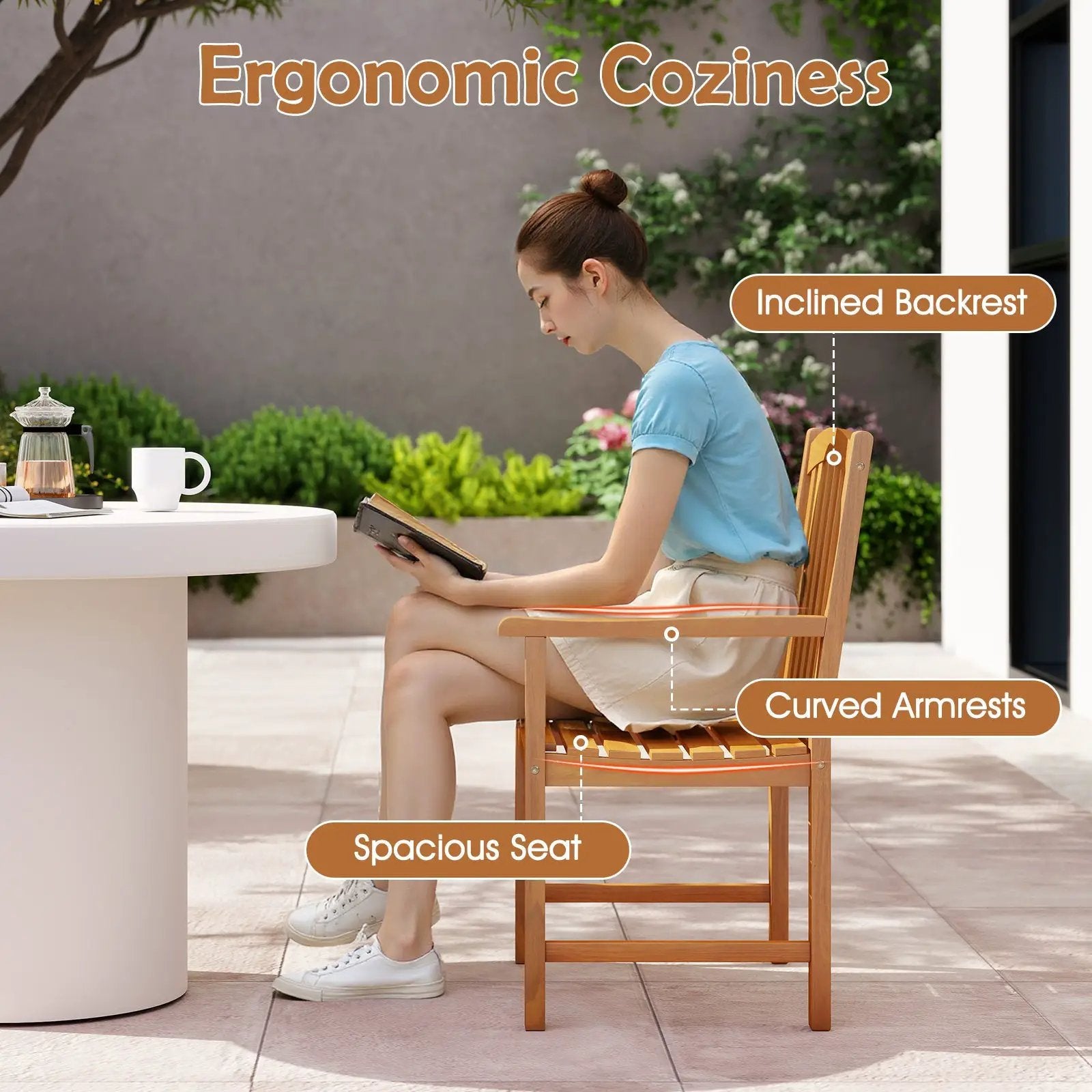 Solid Acacia Wood Patio Chairs Set of 2 with Slatted Seat and Inclined Backrest for Porch by DirectDeals