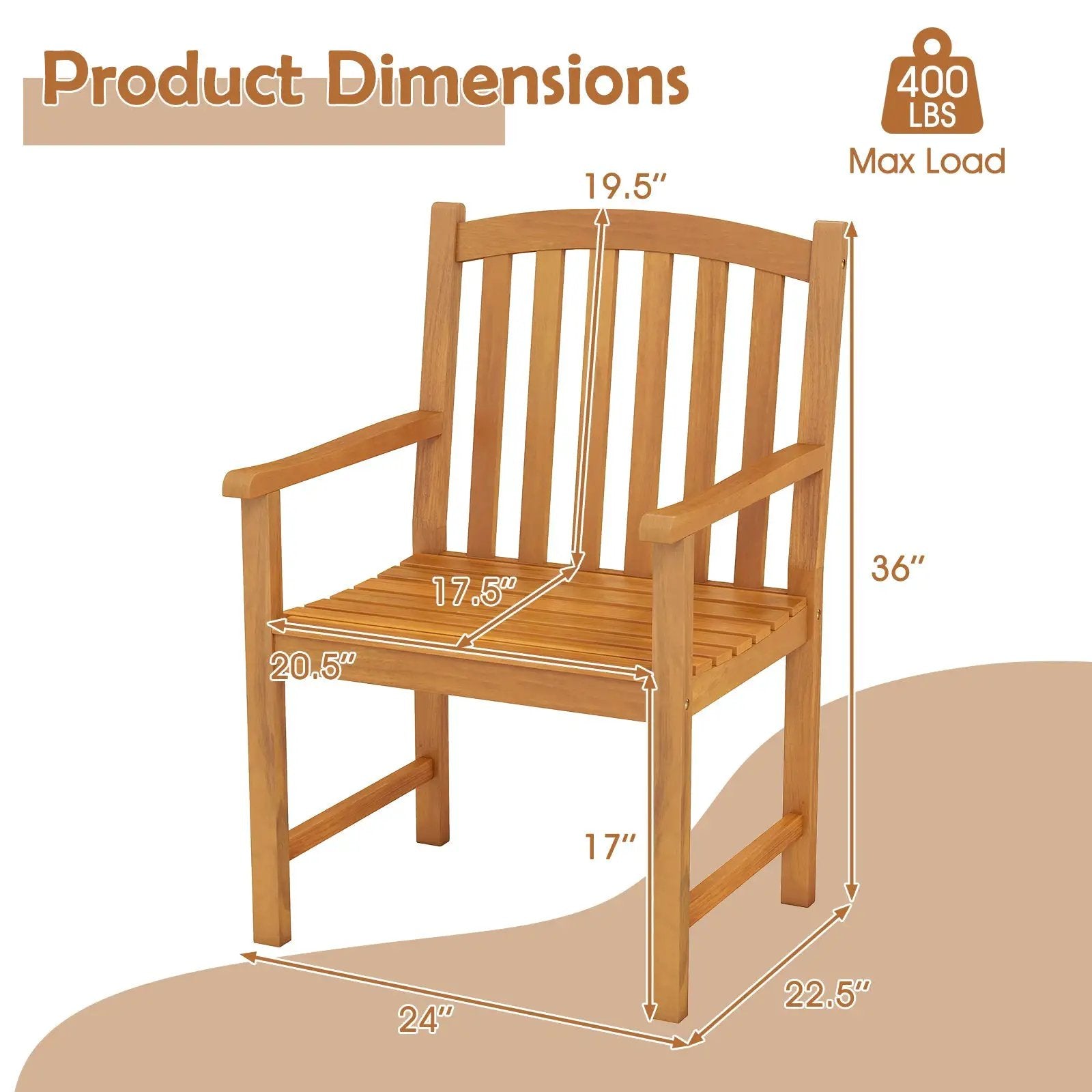 Solid Acacia Wood Patio Chairs Set of 2 with Slatted Seat and Inclined Backrest for Porch by DirectDeals