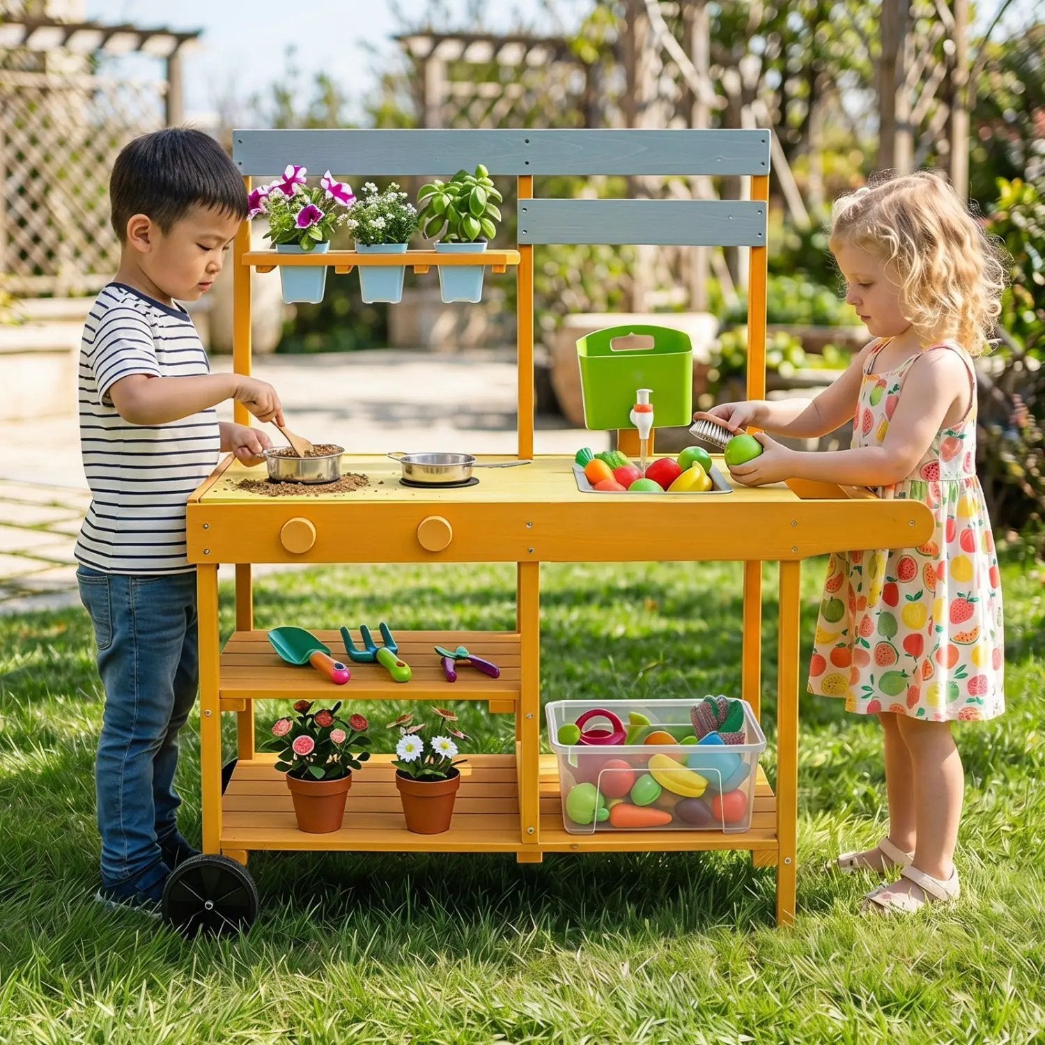 Wooden Outdoor Mud Kitchen for Kids with Wheels - Yellow by DirectDeals