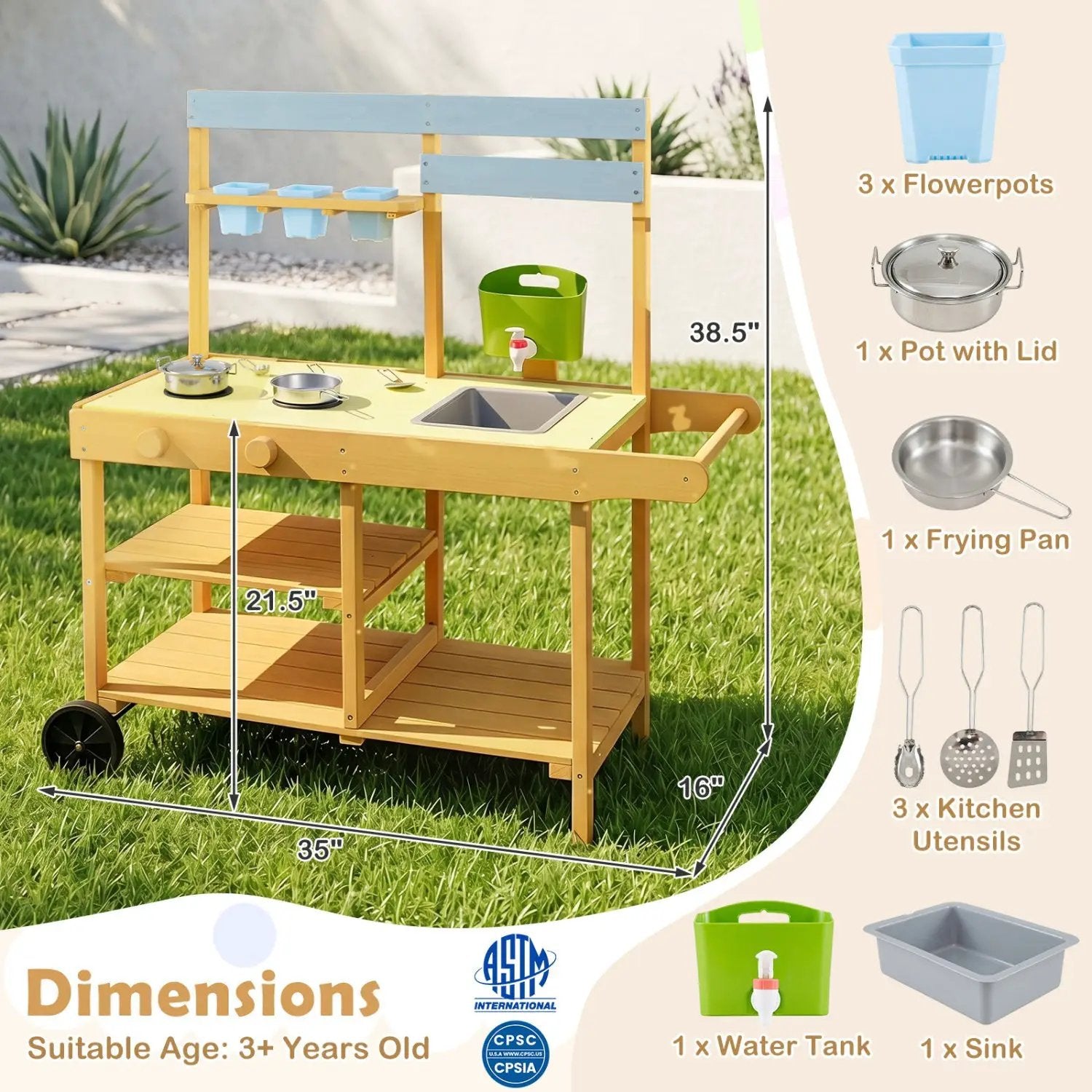 Wooden Outdoor Mud Kitchen for Kids with Wheels - Yellow by DirectDeals