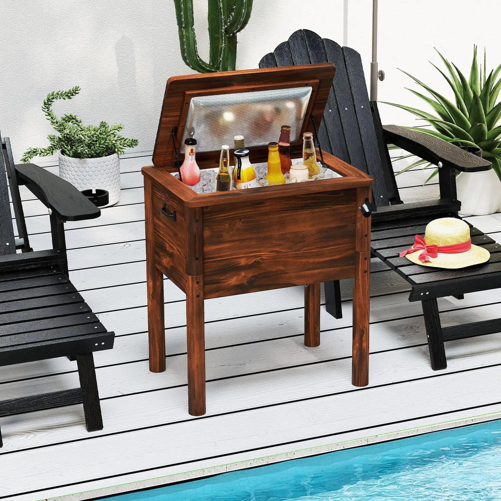 Wooden Patio Cooler with 3 Handles and Bottle Opener-Brown by DirectDeals