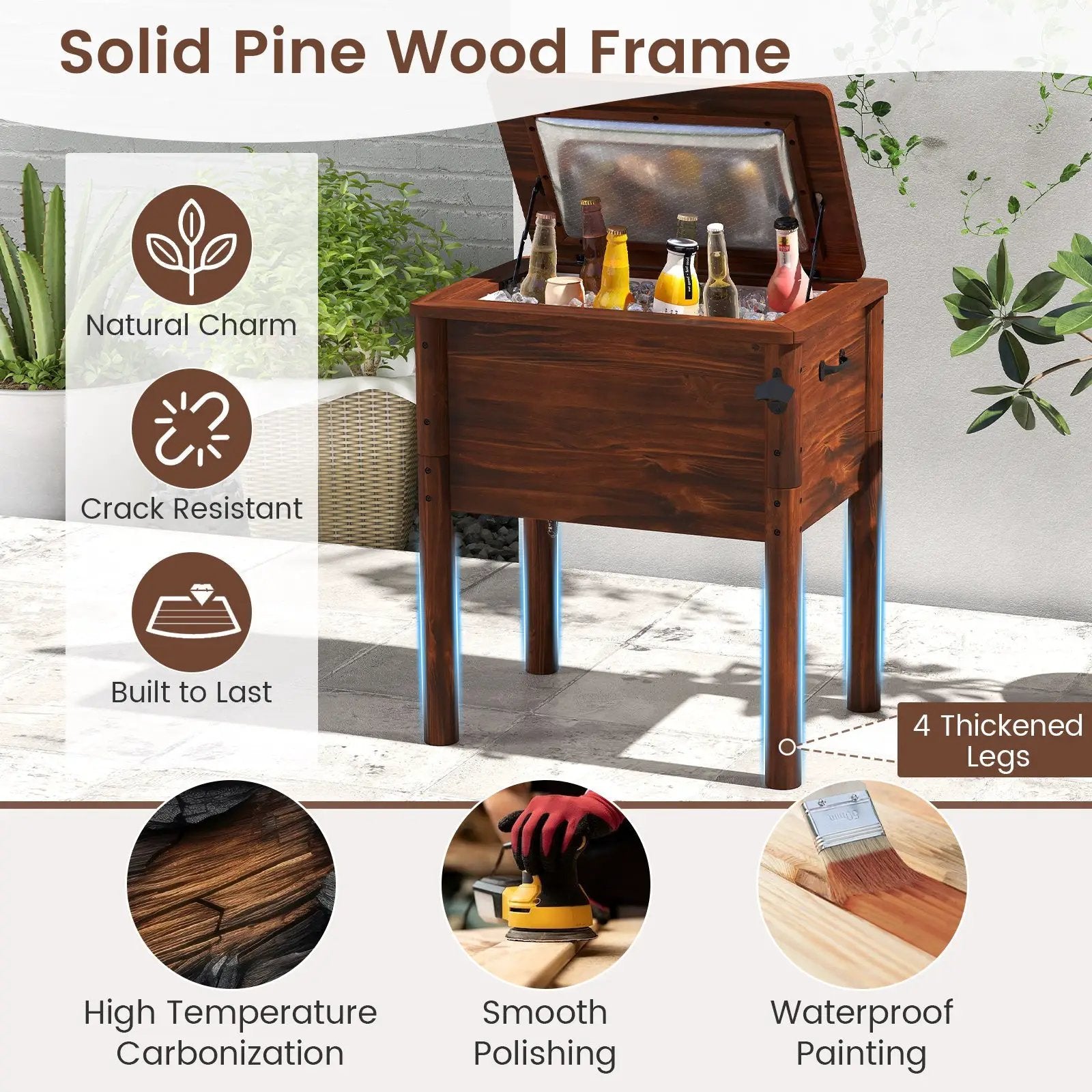 Wooden Patio Cooler with 3 Handles and Bottle Opener-Brown by DirectDeals