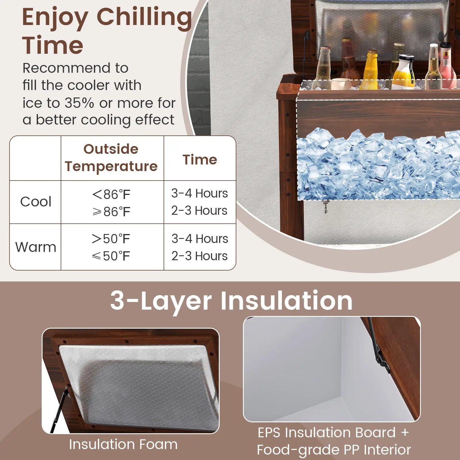 Wooden Patio Cooler with 3 Handles and Bottle Opener-Brown by DirectDeals