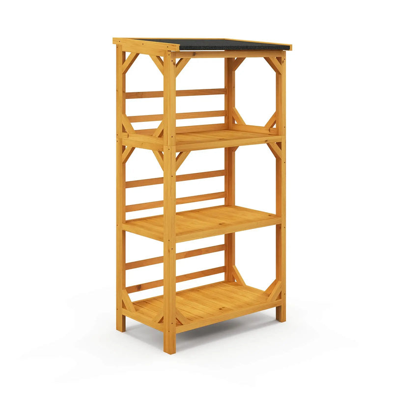 3-Tier Wooden Plant Stand with Weatherproof Asphalt Roof for Patio-Natural by DirectDeals