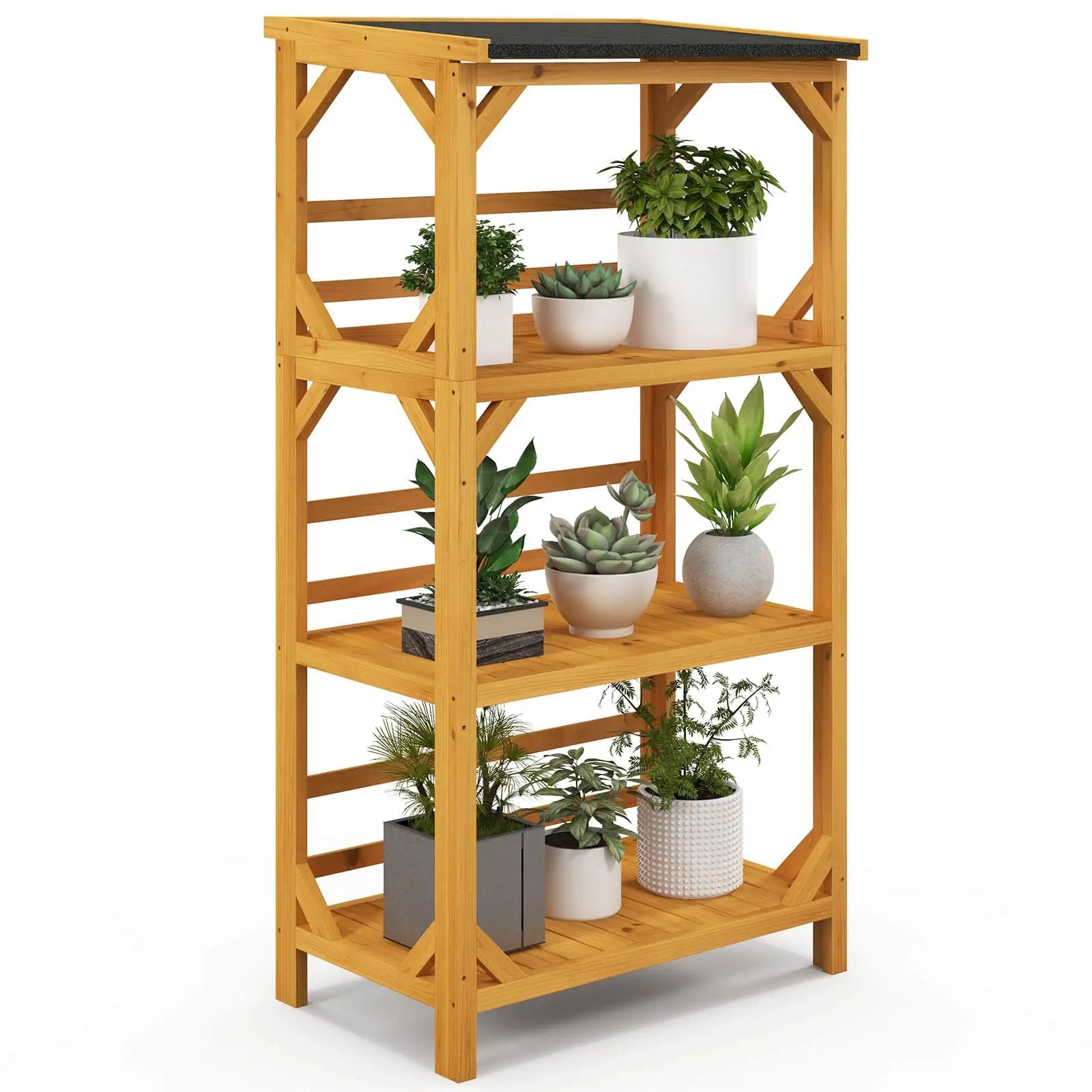 3-Tier Wooden Plant Stand with Weatherproof Asphalt Roof for Patio-Natural by DirectDeals