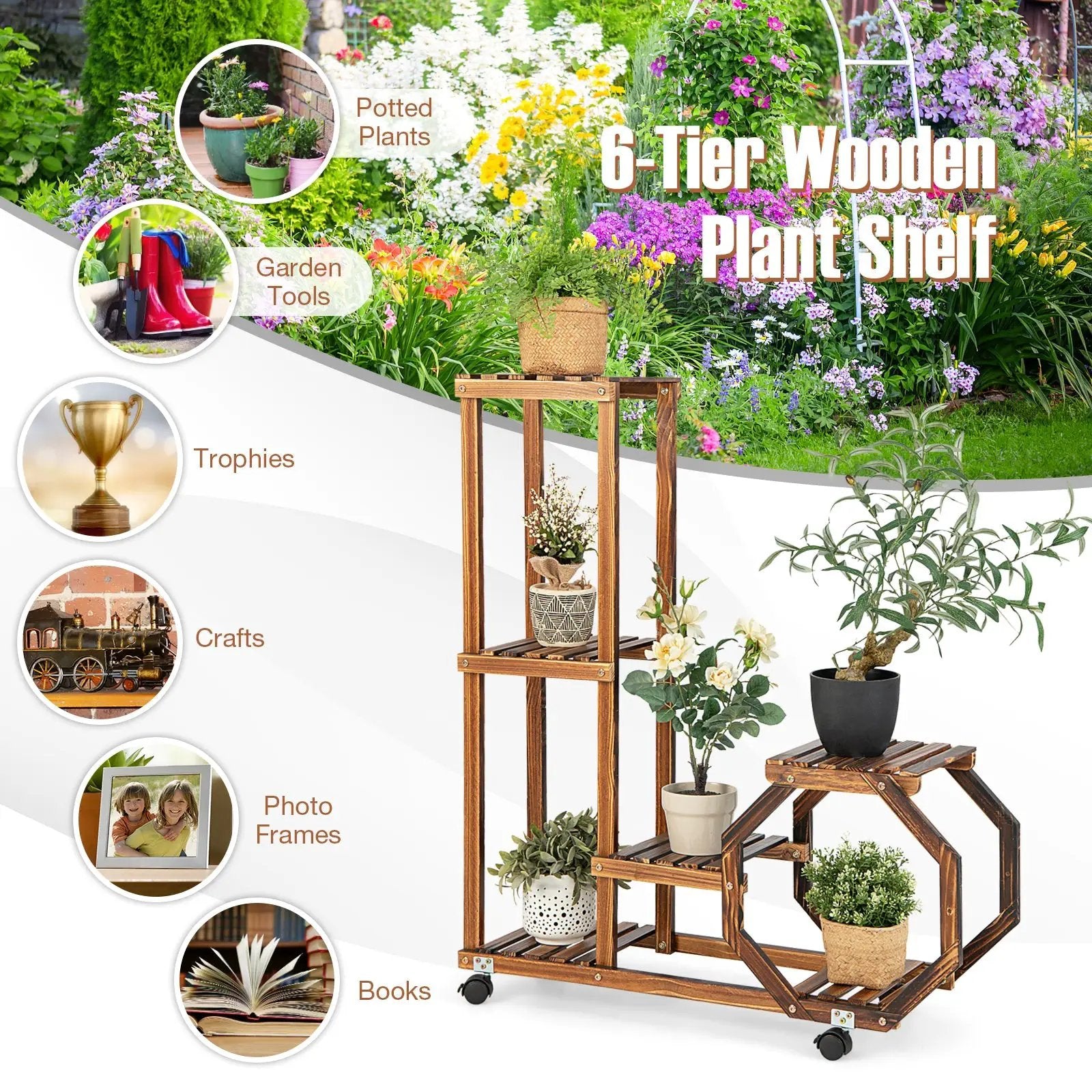 6-Tier Wooden Plant Stand with Wheels-Brown by DirectDeals