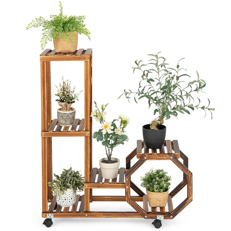 6-Tier Wooden Plant Stand with Wheels-Brown by DirectDeals