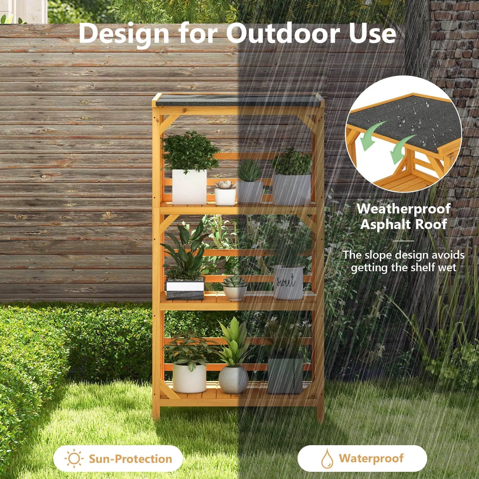3-Tier Wooden Plant Stand with Weatherproof Asphalt Roof for Patio-Natural by DirectDeals
