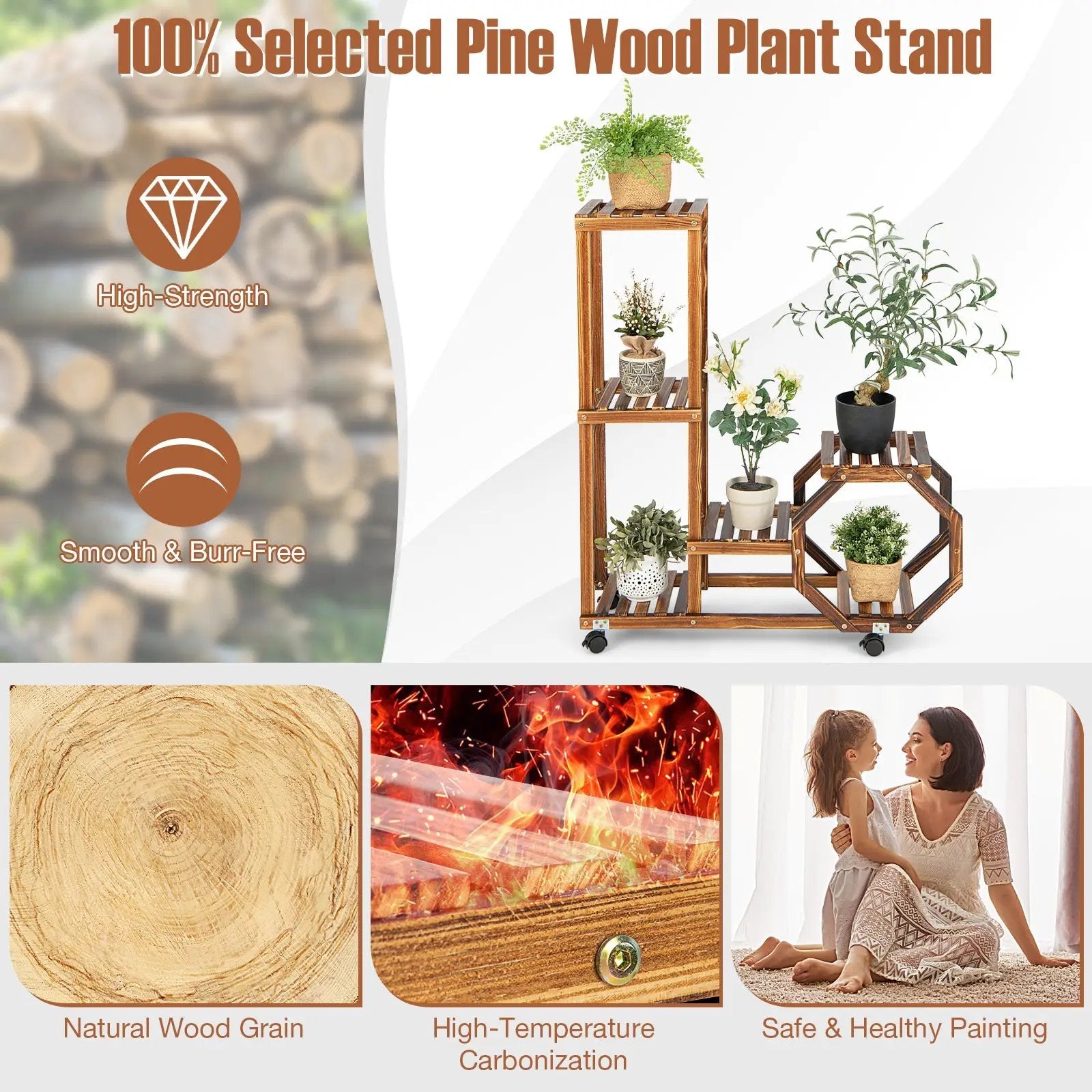6-Tier Wooden Plant Stand with Wheels-Brown by DirectDeals