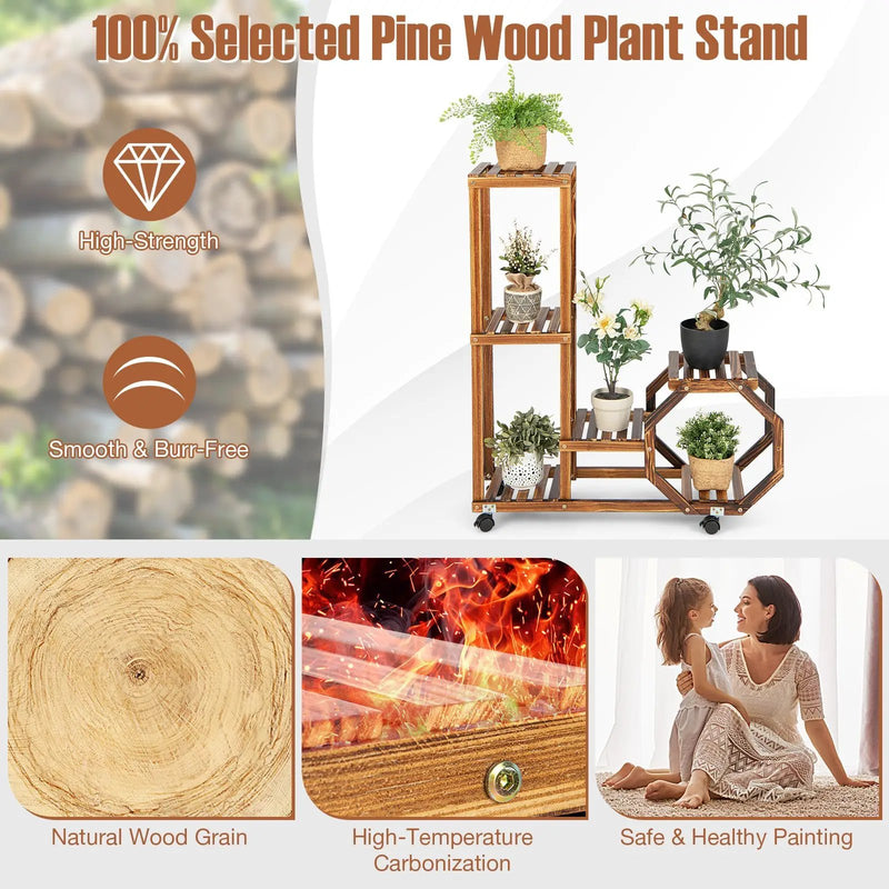6-Tier Wooden Plant Stand with Wheels-Brown by DirectDeals