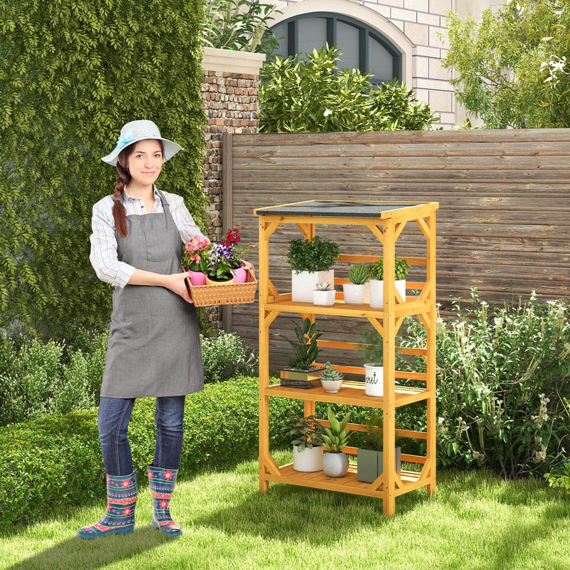 3-Tier Wooden Plant Stand with Weatherproof Asphalt Roof for Patio-Natural by DirectDeals